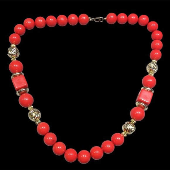 Vintage Red And Gold Tone Beaded Necklace - Picture 1 of 6